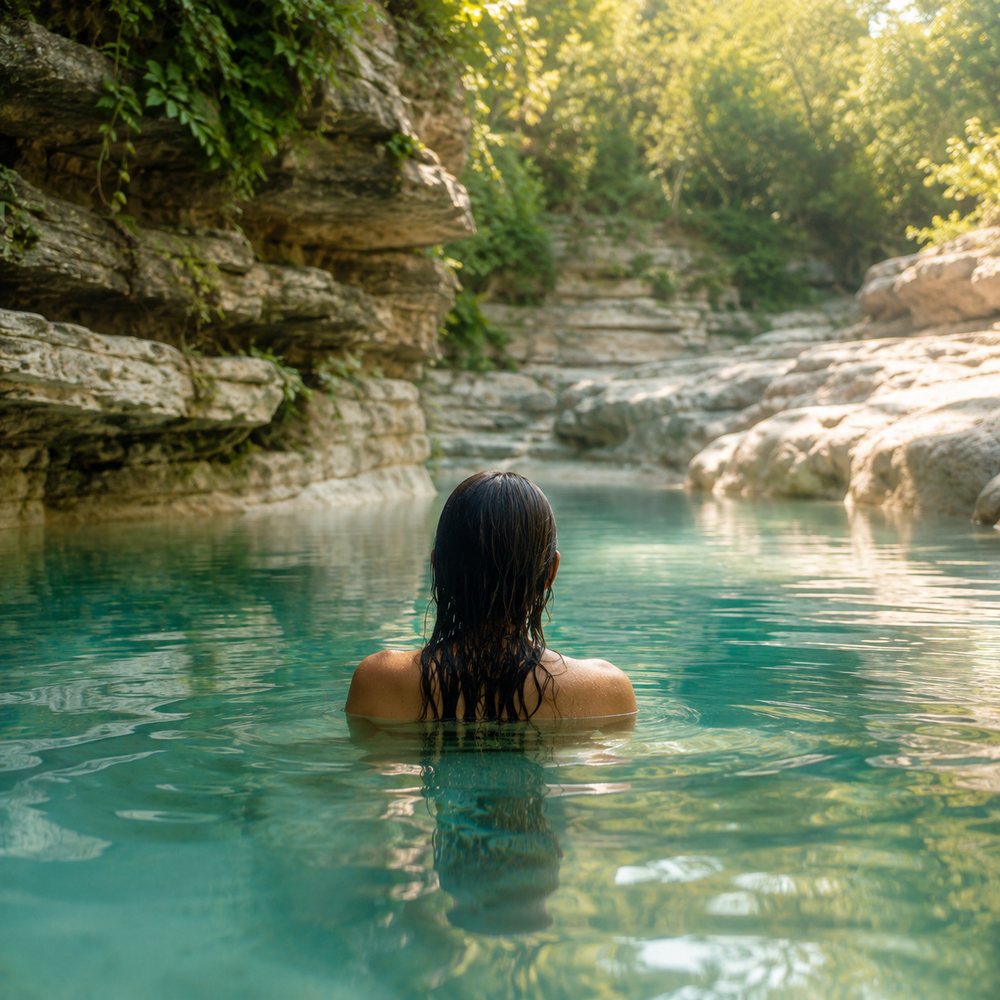 A woman floating alone in a limestone pool at dawn